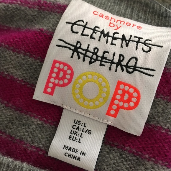 CLEMENTS RIBEIRO POP 100% Cashmere Grey + Fuchsia Stripe Crew Sweater L - Picture 4 of 5